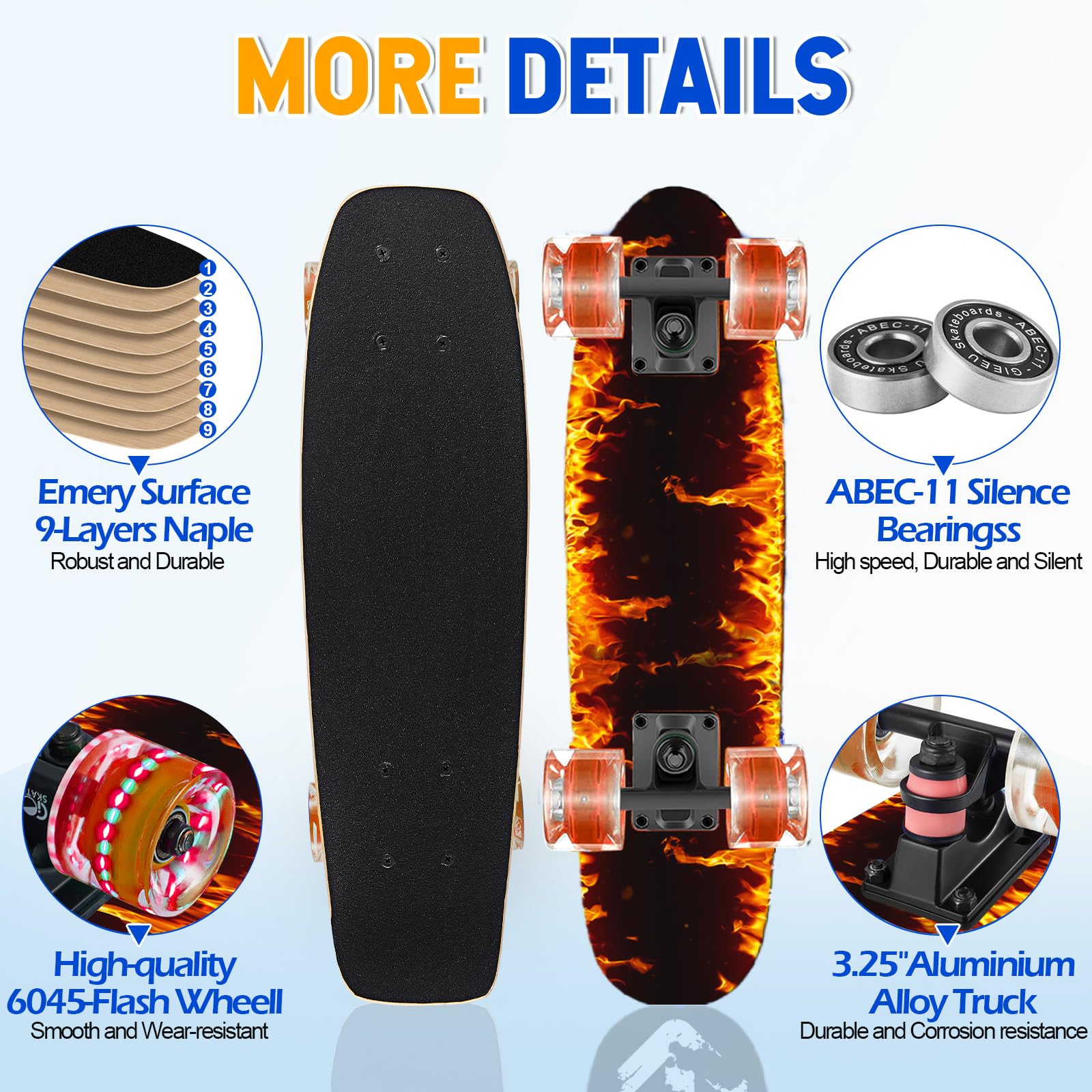 GIEEU Skateboards with Colorful Flashing Wheels for Beginners,Kids,Teens,Adults, Complete Standard Skate Boards 9 Layer Canadian Maple Deck Concave Skateboard