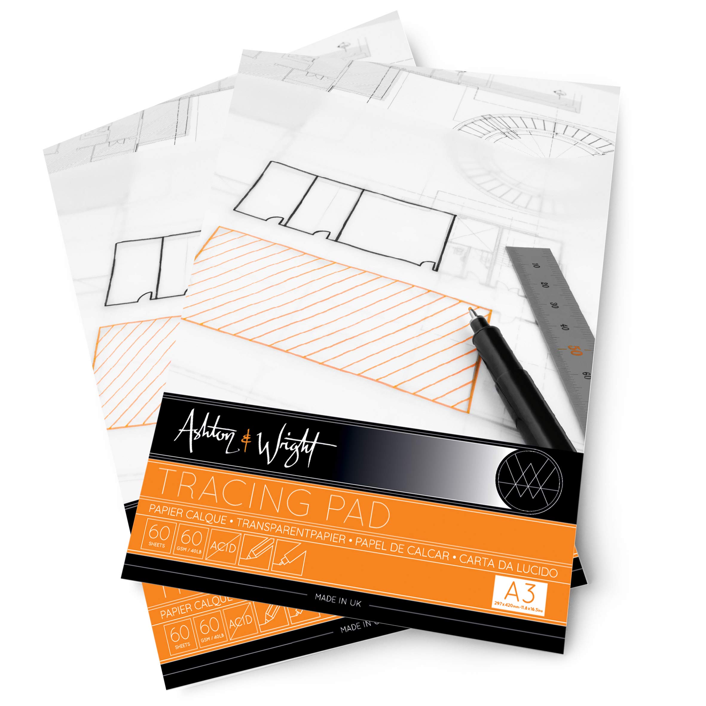 Ashton and Wright - A3 Tracing Pad - 60 GSM Paper - 60 Sheets - Pack of 2