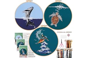 FONNUY 3 Set Crewel Embroidery Kit for Beginners, Animals Pre-Stamped Pattern Kits for Adults with Hoop, Easy to Follow Needlework, 8''