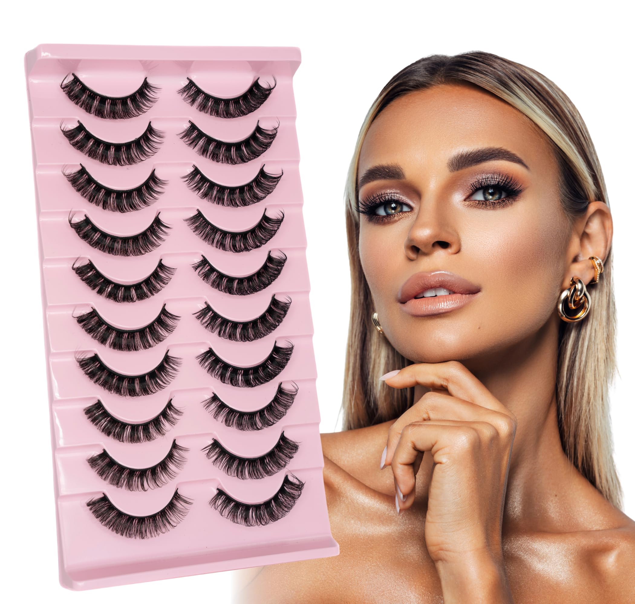 ENSHORE Russian Strip Lashes D Curl Fake Lashes Long Eyelashes Cat Eye Lashes Natural Look Eye Lash Set of 10 Pairs Eyelash Strips Wispy False Eyelashes Fluffy Mink Lashes 3D Effect