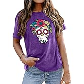 Ithalt Dia De Los Muertos Shirt for Women Sugar Skull Tshirts Day of Dead T-Shirts Skull Graphic Tops
