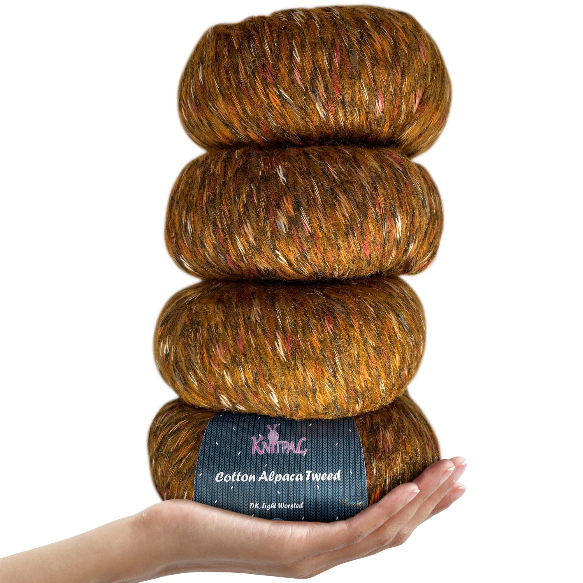 KnitPal Cotton Alpaca Tweed, #3 DK, Light Worsted Yarn Pack of 4 (536m/200g), Super Soft Fluffy Multicolour Blend for Knitting and Crocheting Hats, Shawls, Garments, Blankets (Caramel Brown)