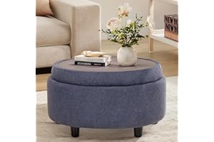 COLAMY Fabric Round Storage Ottoman with Reversible Tray Lid – Multi-Functional Footrest, Hidden Storage, Sturdy & Stylish Small Coffee Table for Living Room, Bedroom, or Entryway(Blue)