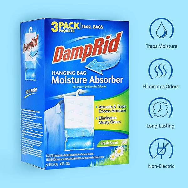DAMPRID HANGING BAG, MOISTURE ABSORBER, PACK OF 3 (16 OZ. EA.), 3 PACK, BLUE