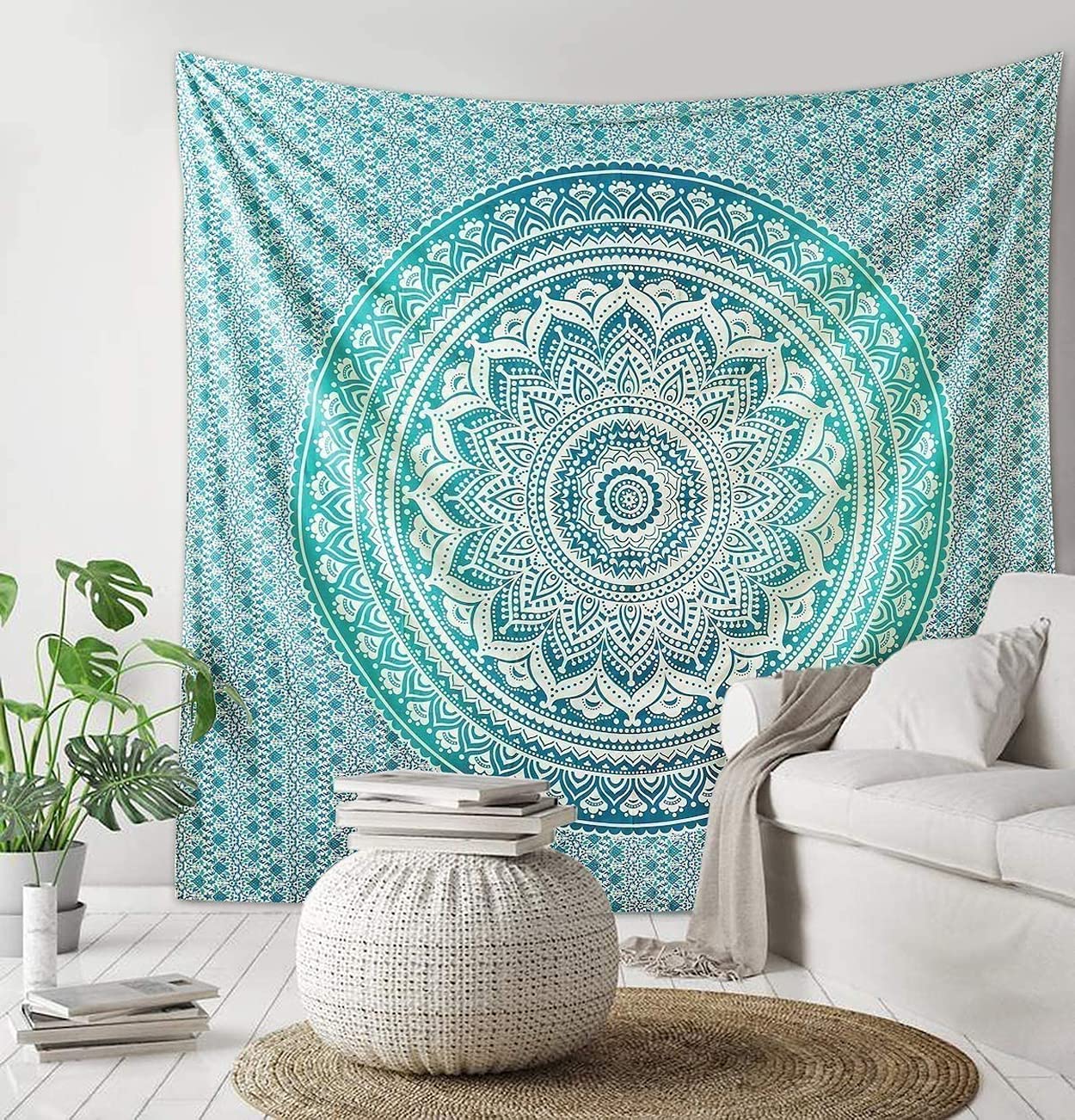 raajsee Large Green Ombre Mandala Tapestry Wall Hanging, Indian Cotton Beach Throw Blanket, Hippie Elephant Queen Boho Decor, Meditation Yoga Mat Rugs, Queen (82x92 Inches / 208x232 Cms)