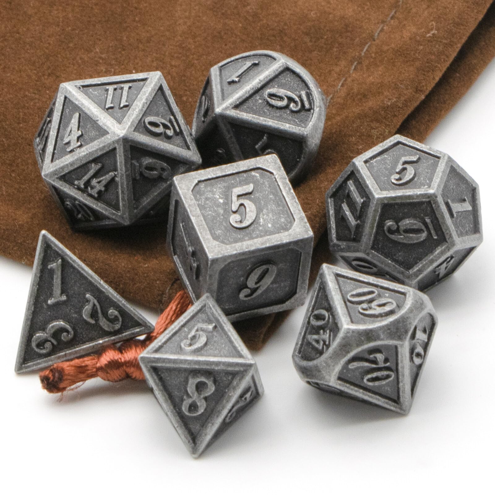 Metal Dice Set, HNCCESG Polyhedral D&D Dice for Dungeons and Dragons RPG DND Dice for Role Playing MTG Tabletop Gaming Shadowrun Pathfinder 7PCS D20 D12 D10 D8 D6 D4(Ancient Silver)