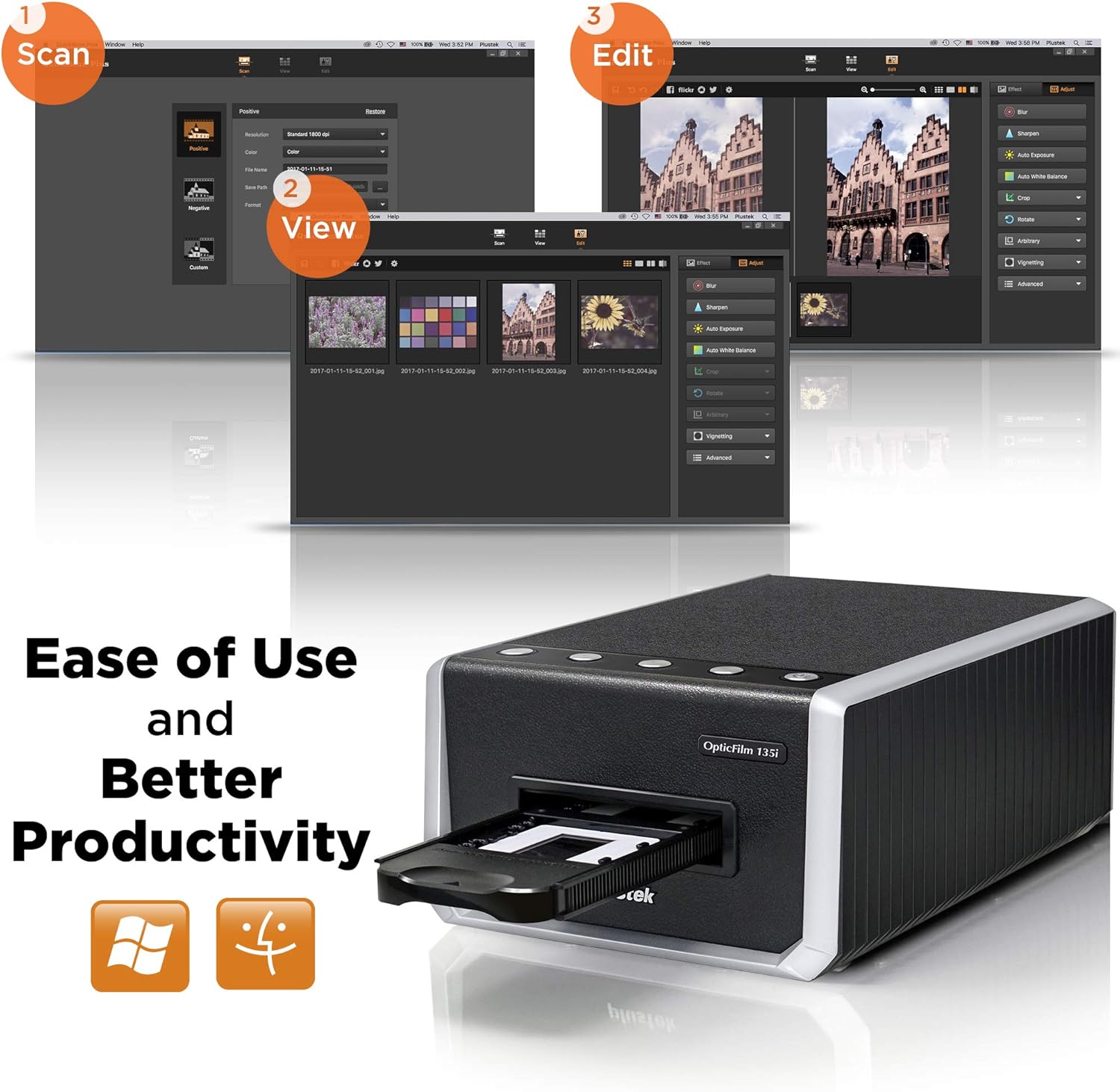 Plustek OpticFilm 135i - Automatic Film & Slide Scanner, Batch converts 35mm Slides & Film Negatives, Support 3rd Party Editing Software Export with 7200 dpi Resolution and Infrared Dust/Scratch Remo: Electronics
