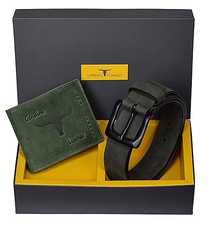 Urban Forest Carter Grey Leather Wallet and Belt Combo Gift Set for Men - Classic Green Leather Wallet and Grey Leather Belt Combo