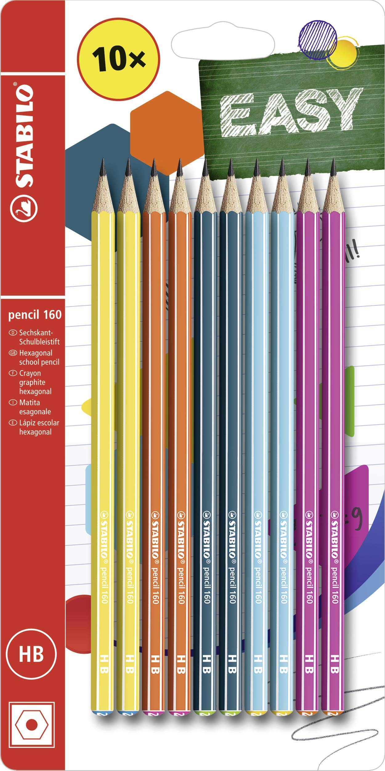 STABILO Hexagonal Graphite Pencil pencil 160 - Pack of 10 - Yellow, Orange, Blue, Petrol, Pink - HB