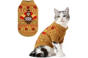 KOOLTAIL Thanksgiving Cat Sweater Turtleneck - Soft Knit Cat Sweaters for Cats Only, Turkey Pattern Thick Warm Winter Cold Weather Pet Clothes for Small Medium Large Kitten Puppy Boys Girls, Brown S
