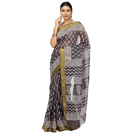 Finest Quality Cotton - Handmade Black and White Booti with Golden Zari - Sanganeri Block Print Supernet Saree with Blouse Piece