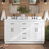 ARIEL Hepburn 60-inch Bathroom Vanity with Sink,Solid Wood, 1.5-inch Carrara White Quartz Countertop &amp; Backsplash, Double Rectangular Porcelain Sink, 4 Soft Closing Doors, 6 Dovetail Drawers, White