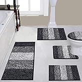 Vaukki 5 Piece Bathroom Rugs Set, Non Slip Shaggy Microfiber Plush Absorbent Washable Bath Shower Mats Runner for Tub (18''x26''+20''x32''+20''x47''+U20''x24''+Lid Cover, Black)