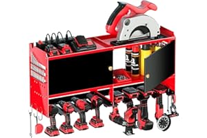 Spampur Power Tool Organizer Wall Mount with Charging Station, Garage Storage Cabinet with Doors and Shelve, Metal Tool Box, 8 Slots Cordless Drill Holder/6 Outlet Power Strip for Workshop/Shed/Gifts