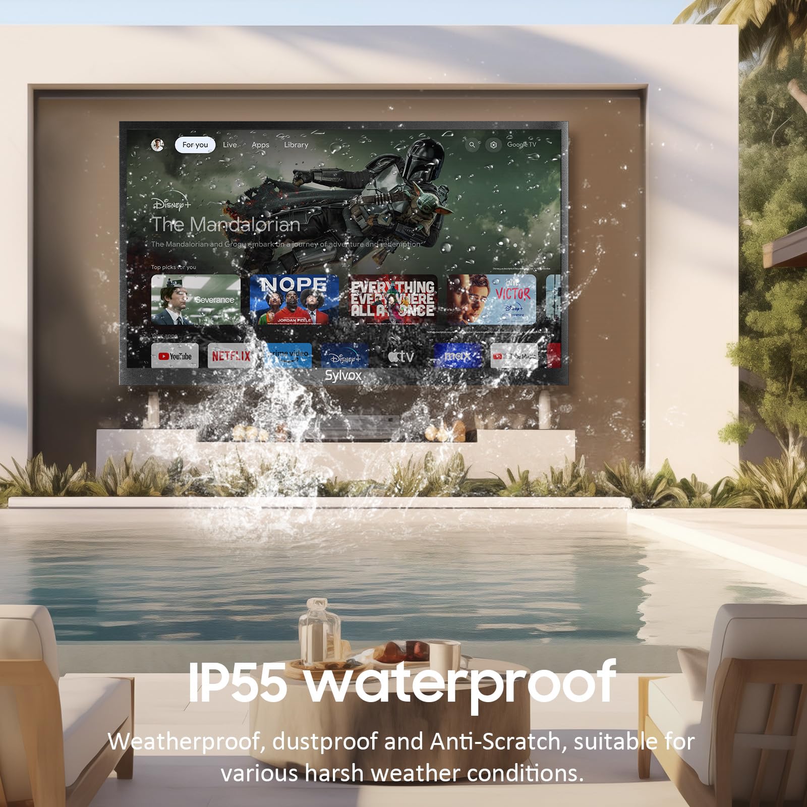 SYLVOX Outdoor TV, 65 inch Smart TV Waterproof Outdoor TVs, 4K Weatherproof Television for Outside,Support Google Assistant & Chromecast, 1000 nit Brightness Partial Sun (Deck Pro 2.0/2024)