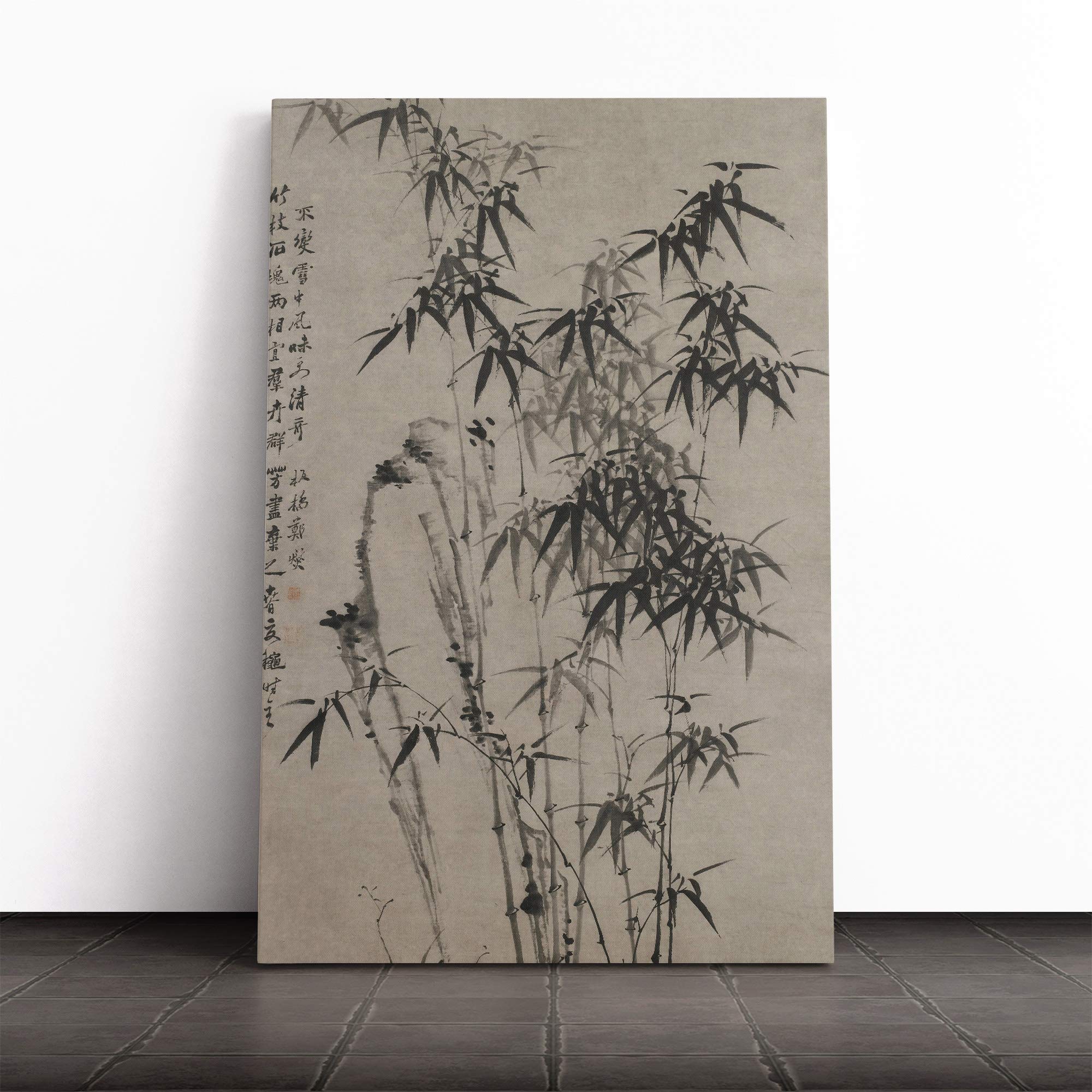 Zheng Xie Oriental Bamboo and Rocks Canvas Print | Gallery Wrapped 30mm Frame Wall Art | 20x14 inches | Ready to Hang | Modern Floral Picture | Living Room Bedroom Lounge Office