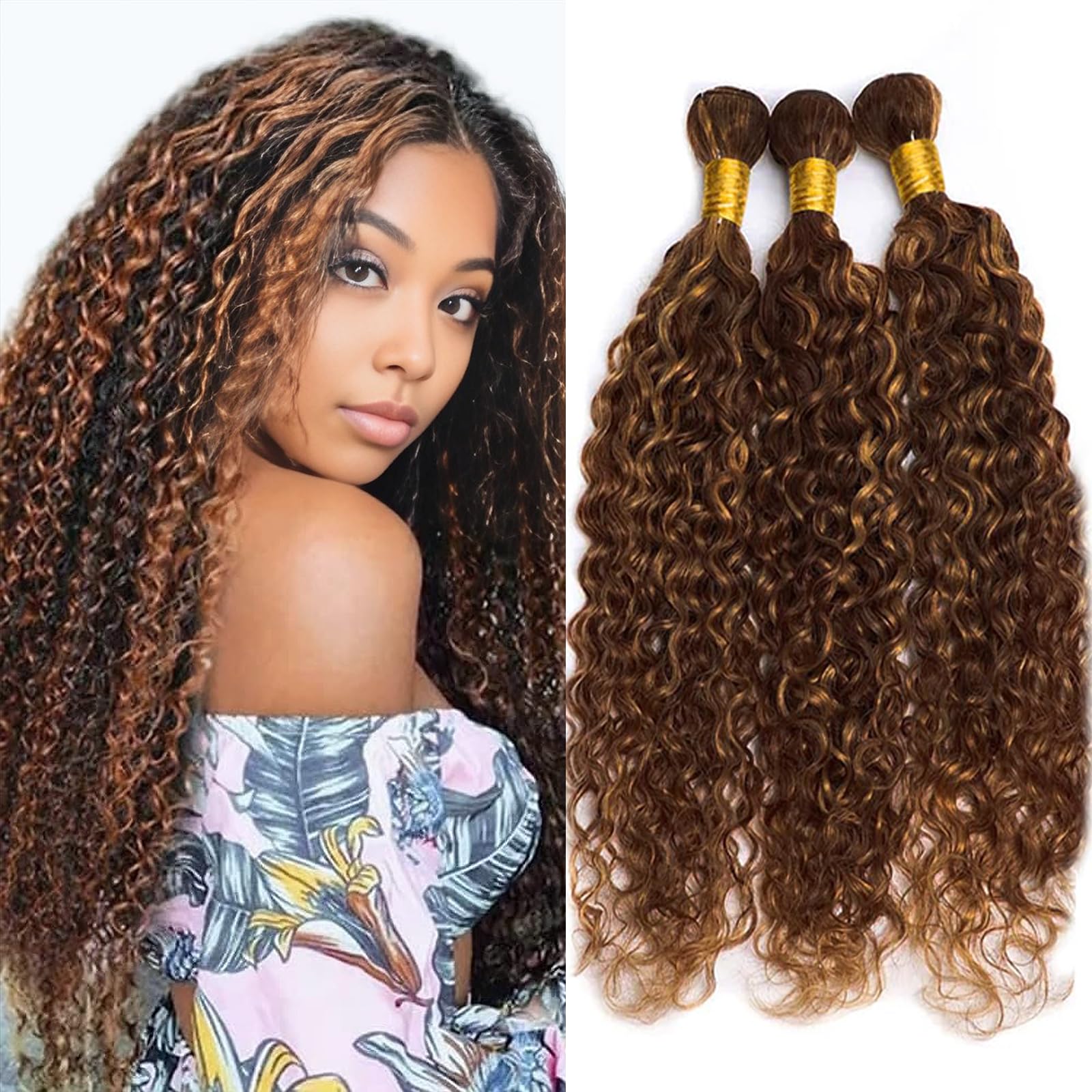 Photo 1 of KODRHAR 12A Highlight Brown Curly Human Hair Bundles 12 14 16 Inch Brazilian Virgin Jerry Curly Bundles Human Hair Extensions for Women Double Weft Weave P4/30 Color