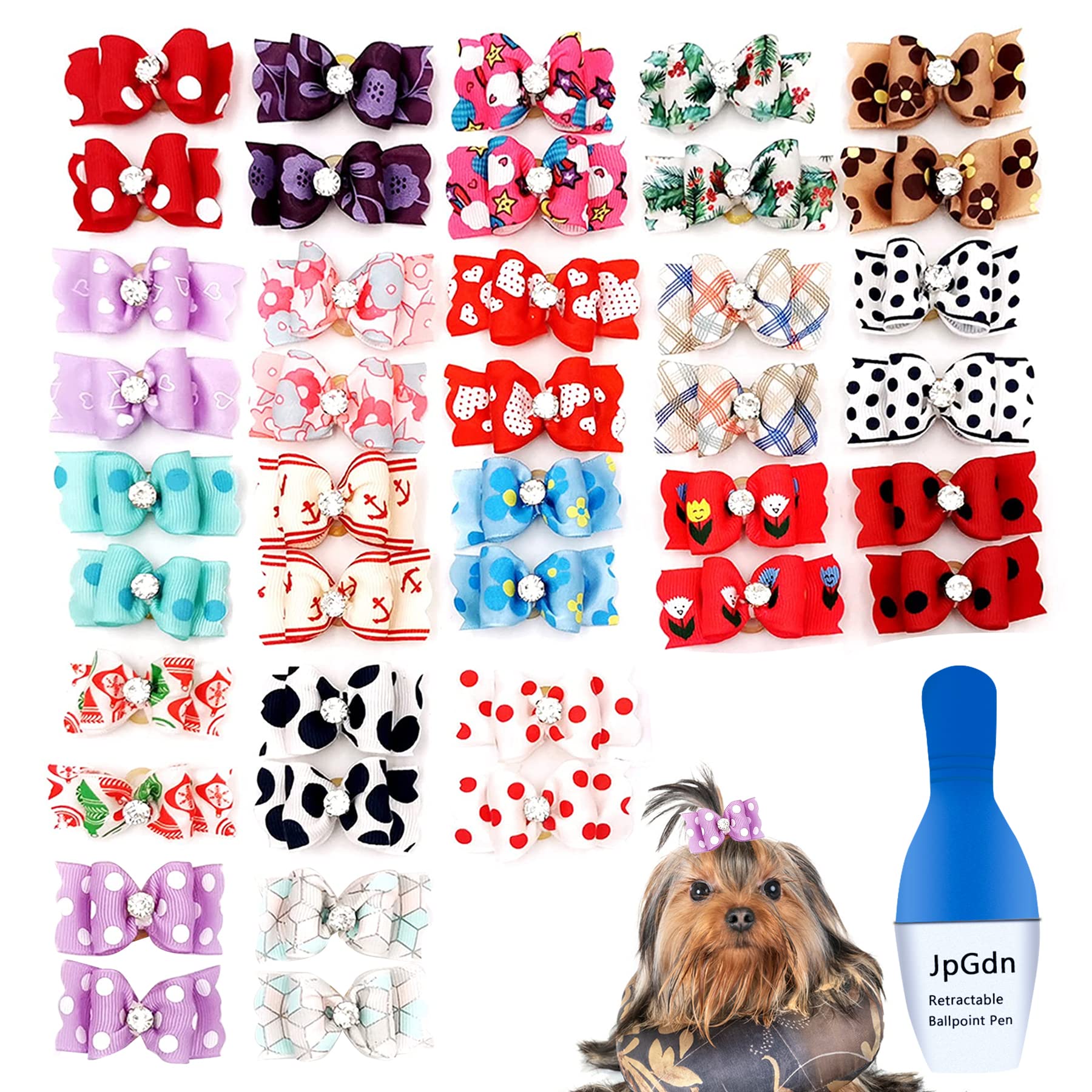 JpGdn 50Pcs Dog Hair Bows with Rubber Bands Cats Topknot Bow Ties Hair Grooming Accessories for Small Medium Long Hair Puppy Doggy Kitty Kitten