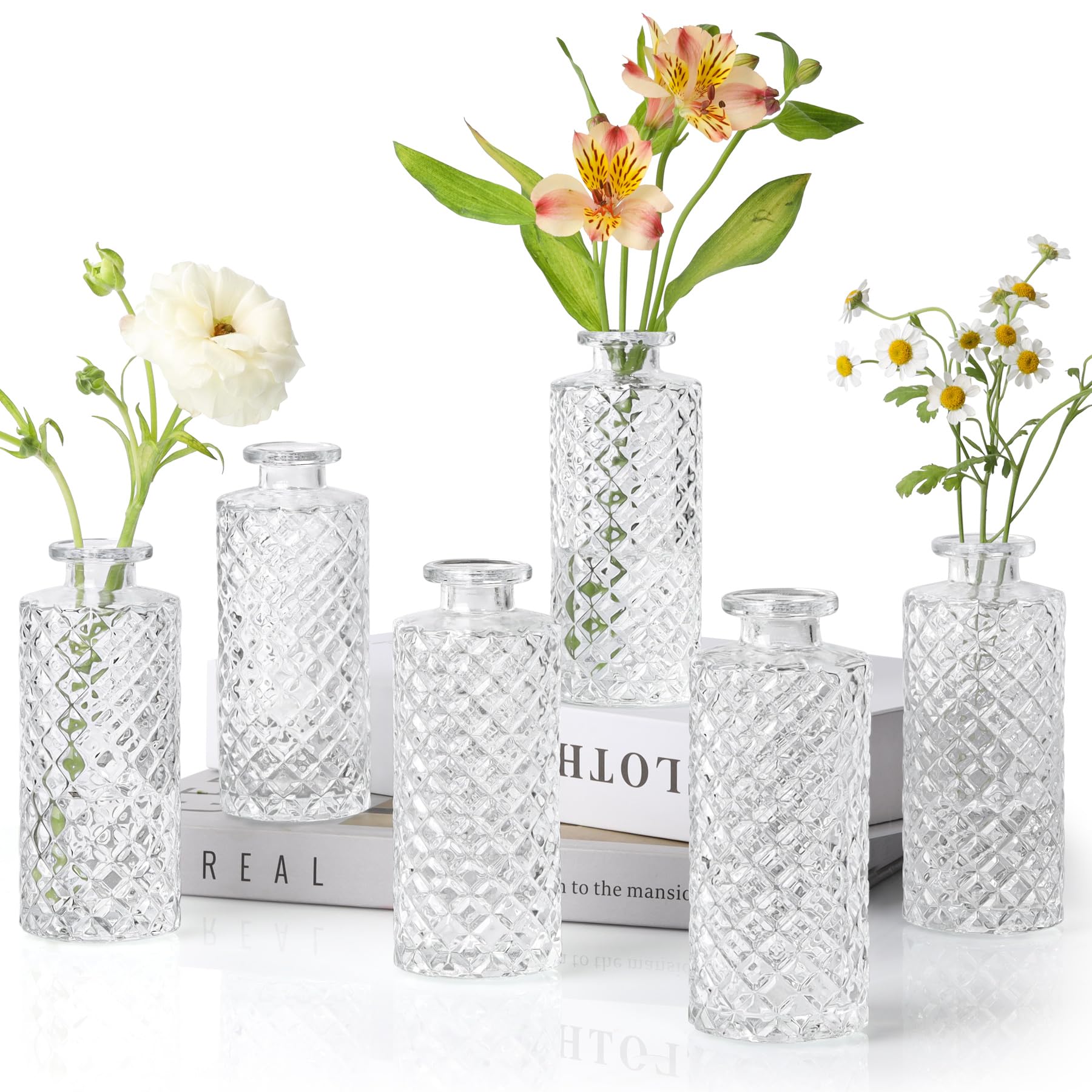 ComSaf Glass Bud Vases Set of 3, Small Flower Vases in Bulk, Mini Ribbed Vases for Centerpieces, Clear Vintage Vases for Table Decorations, Wedding, Party, Receptions, Home Decor (Different Sizes)