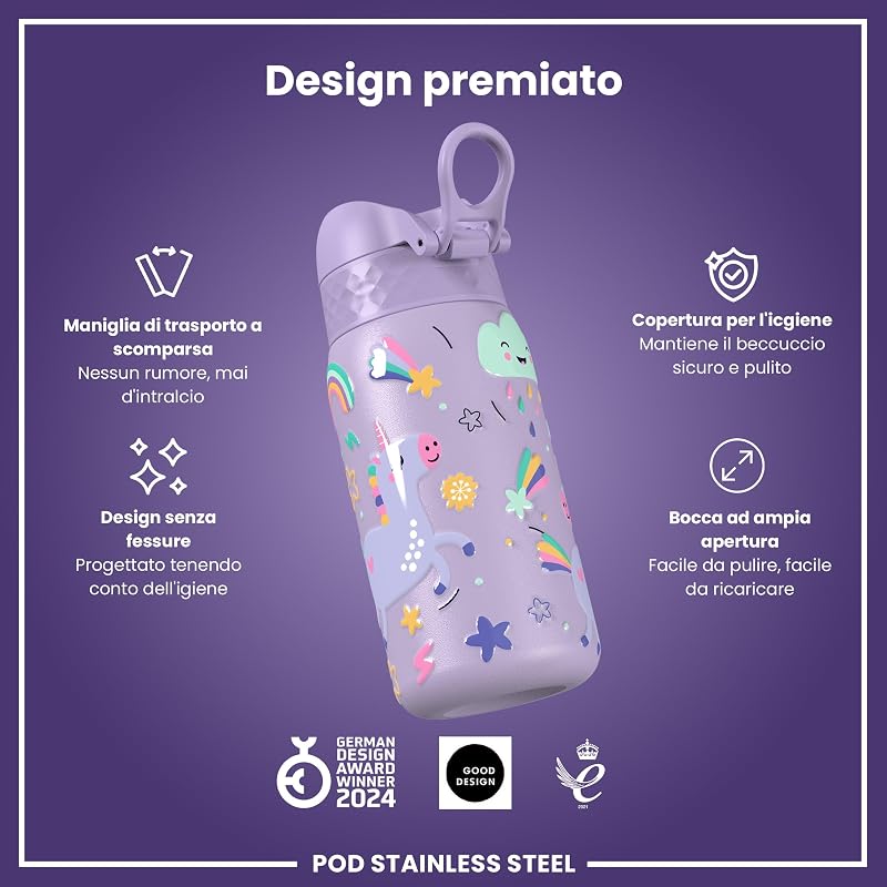 Borraccia Inox Leggero per Bambini, 400ml, Non Isolato, a Prova di Perdite, Facile da Aprire, Serratura Sicura, Lavabile in Lavastoviglie, Facile Pulizia, Durevole e Antigraffio, Unicorni Viola