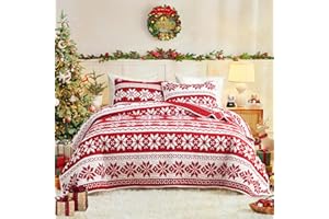UOZZI BEDDING Christmas Quilt Set with Red and White Snowflake Twin Size 68x86 2 PC Quilt Bedding Set Soft Microfiber Lightweight New Year Holiday Style Reversible Winter Coverlet Bedspread for Kids