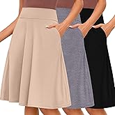 Riyiper 3 Pack Women's Midi Knee Length Skirts, Casual High Waist Flowy Flared a Line Summer Basic Pull-on Skirt with Pocket
