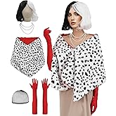 Halloween Costume for Women,Black and White Wig,Pearl Necklace,Dalmatian Shawl Scarf,Long Red Gloves Accessories