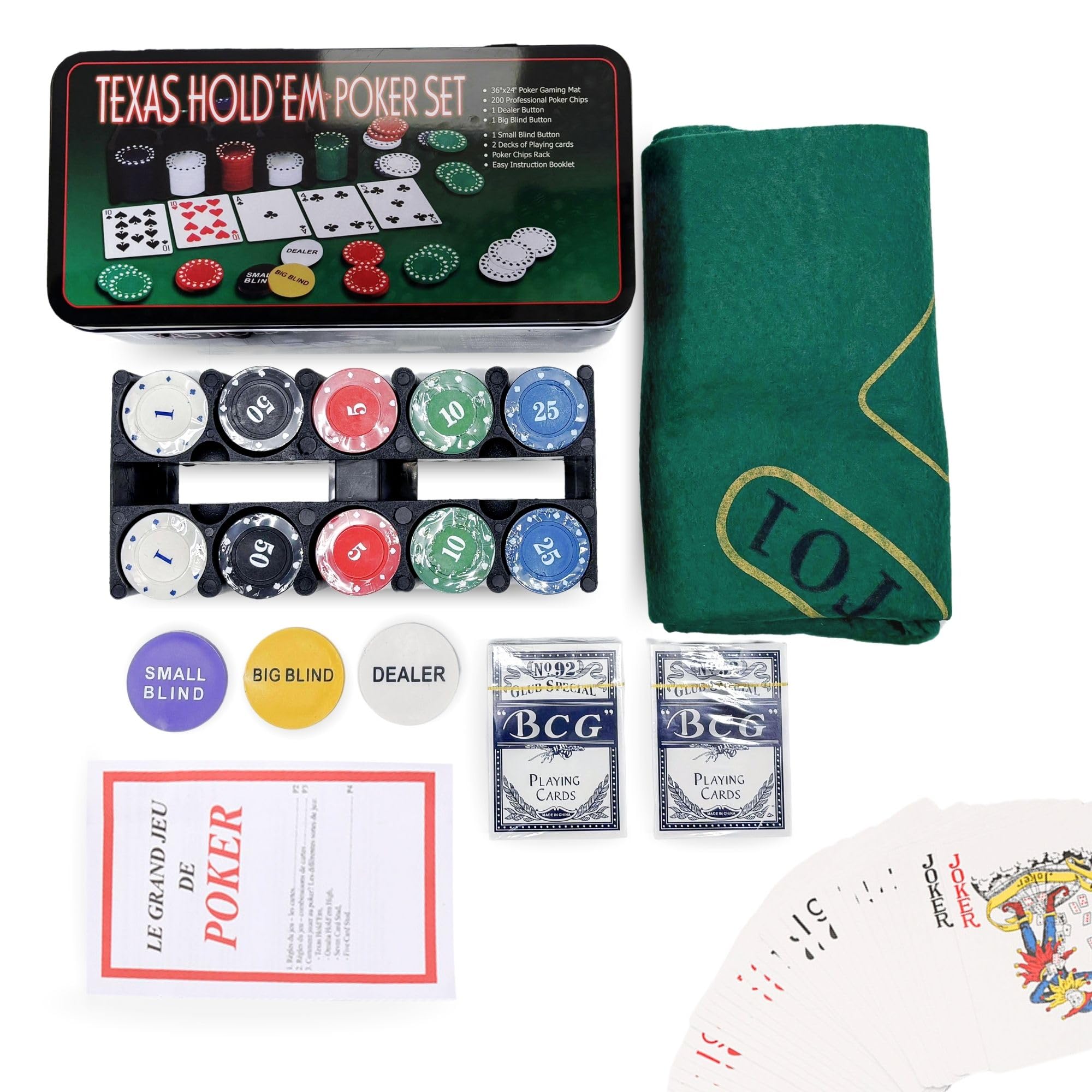MAGIC SELECT Poker Set Game. Poker Game Kit with 200 Chips, 2 Decks of Cards, Dealer Button, Big-Small Blind,Tablecloth, Metal Box with Rules Manual in PDF. Set de Poker Texas Hold Em.