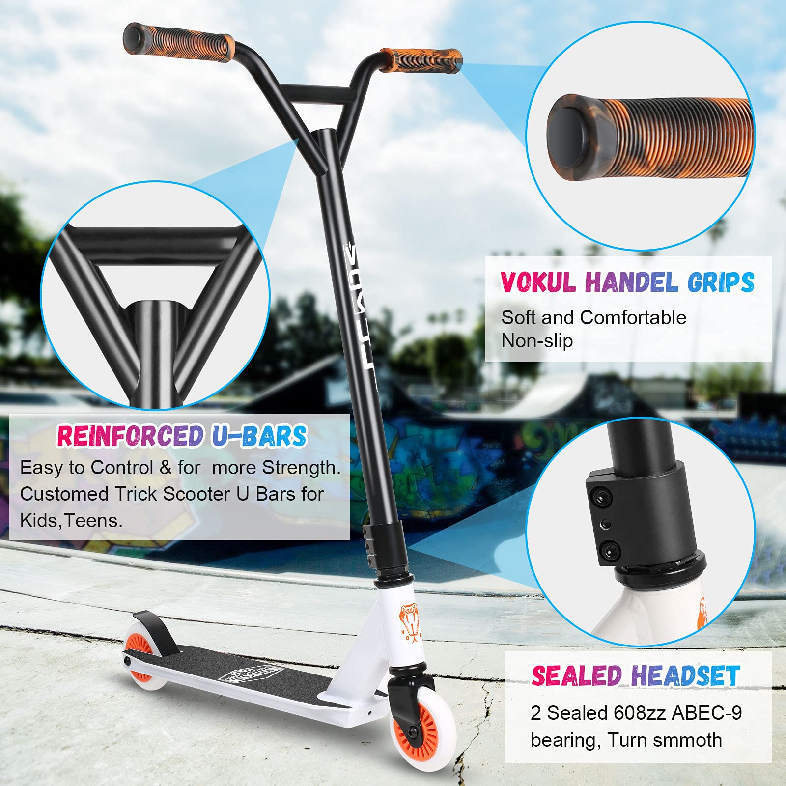 VOKUL Pro Trick Scooter for Teens & Kids 6 Years Up - Stylish Best Entry Level Stunt Freestyle Scooter with Stable Performance for Boys,Girls(Black/Orange)
