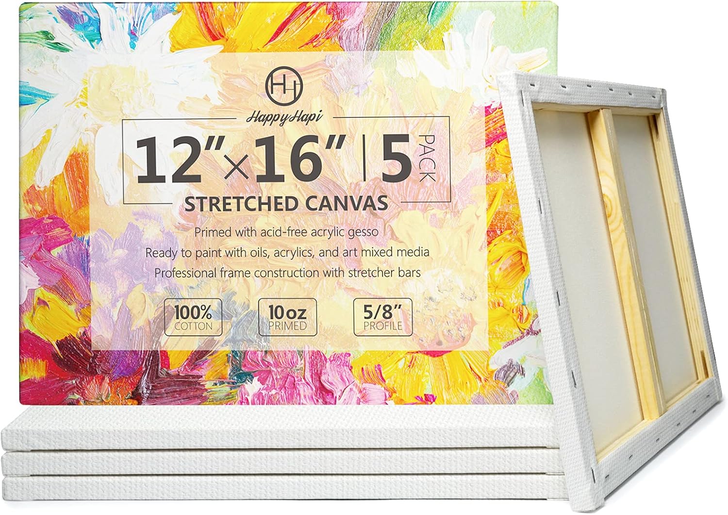 Premium Stretched Canvas (5 Pack, 12 x 16 Inch) Primed, 100% Cotton, Canvas Boards for Painting Using Oil or Acrylic Paint, Canvases for Artist, Hobby Painters & Beginner