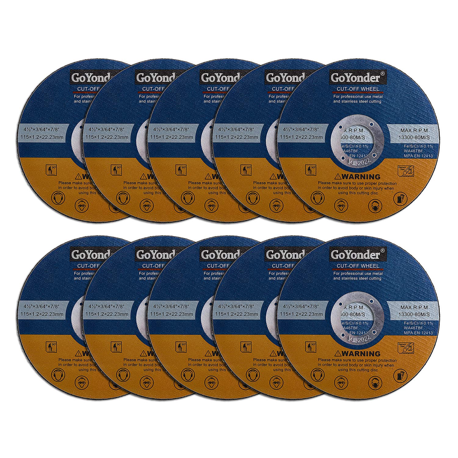 GoYonder 115 x 1.2mm Ultra Thin Stainless Steel Cutting Discs for Angle Grinder,4.5" Cutting Blades for Metal,Stainless Steel Pipes,Steel Cables, and Non-ferrous Metals Pack of 10 (Blue)