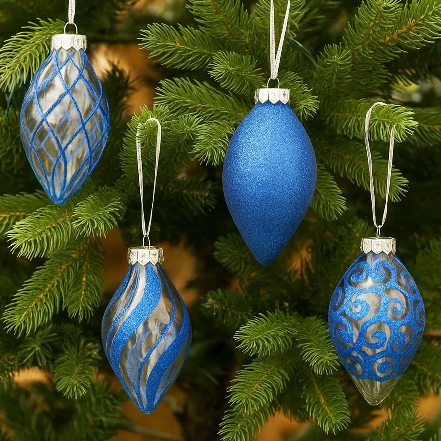 SLEETLY 12pk Christmas Tear Drop Finial Hanging Pendant Baubles for Tree Holiday Xmas Christmas Decorations, Long 4 inch Big Shatterpoof Plastic Ornaments, Blue