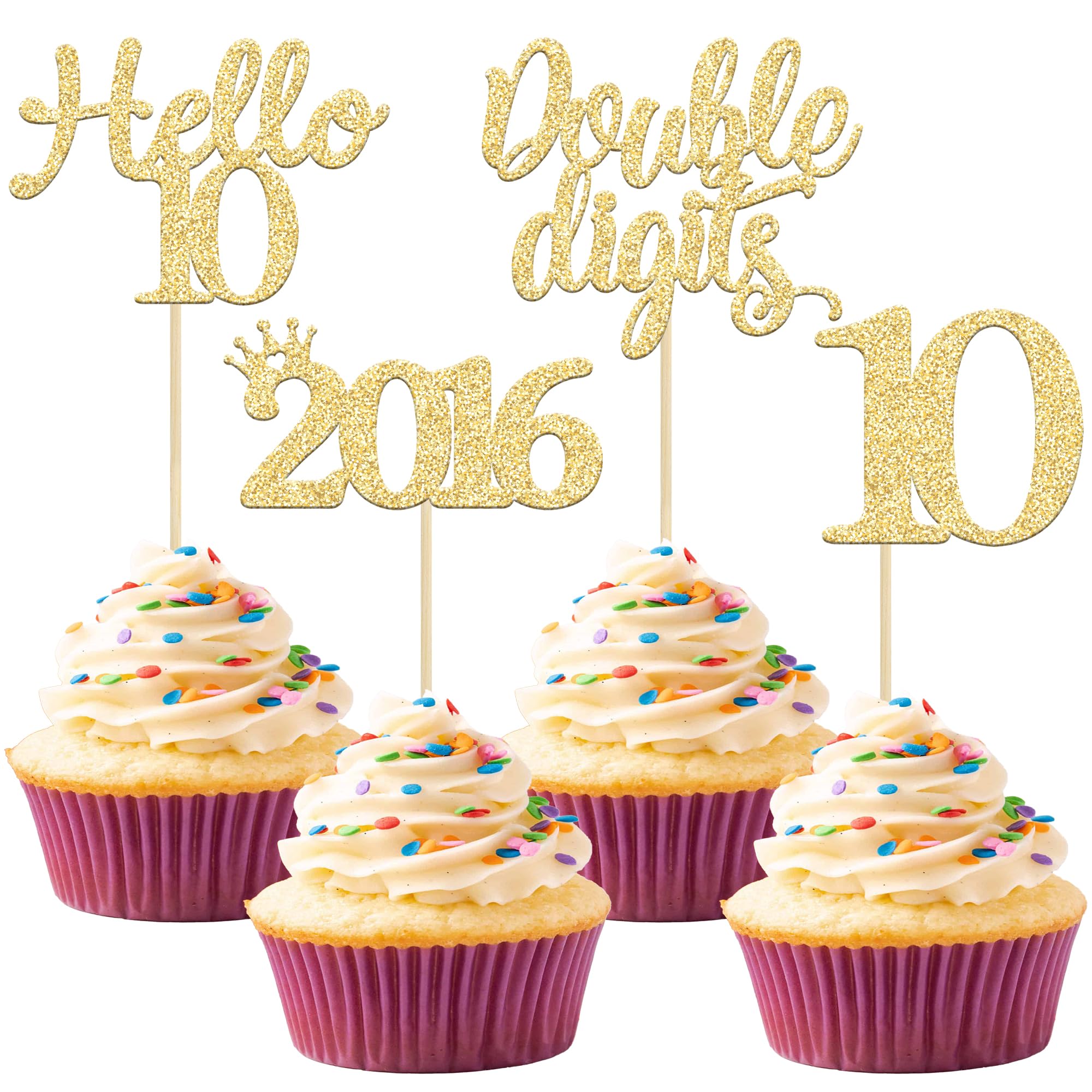 Gyufise 24 Pack Gold Glitter Happy 10th Birthday Cupcake Toppers 10 Ten Hello 10 Double Dights Since 2016 Cupcake Picks for 10th Birthday Party Decorations