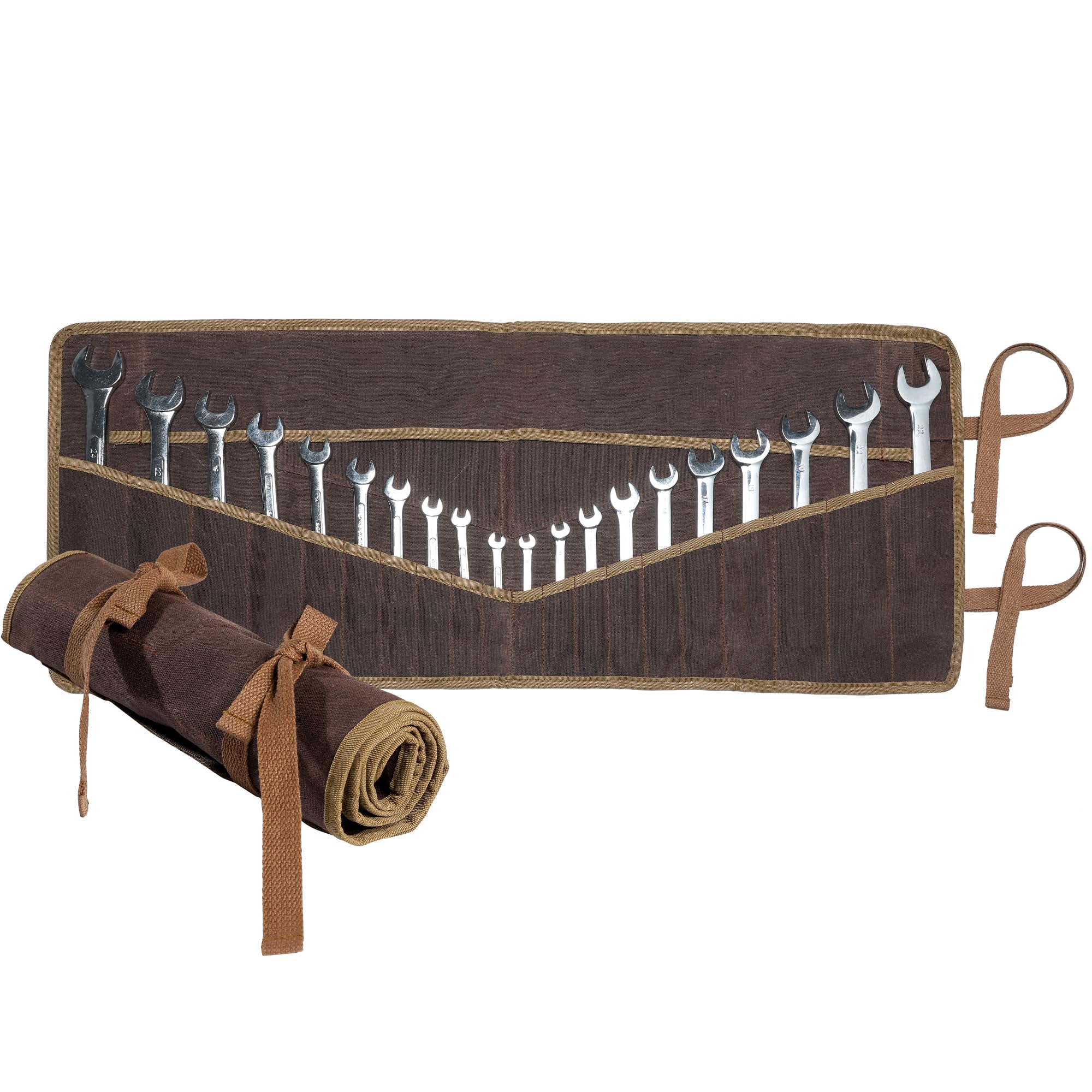 Wrench roll with 20+4 Tool Pockets, Sustainable 16OZ Waxed Canvas Tool Pouch for Metric & SAE, Multi-Purpose Wrench Set Storage Pouch - Brown