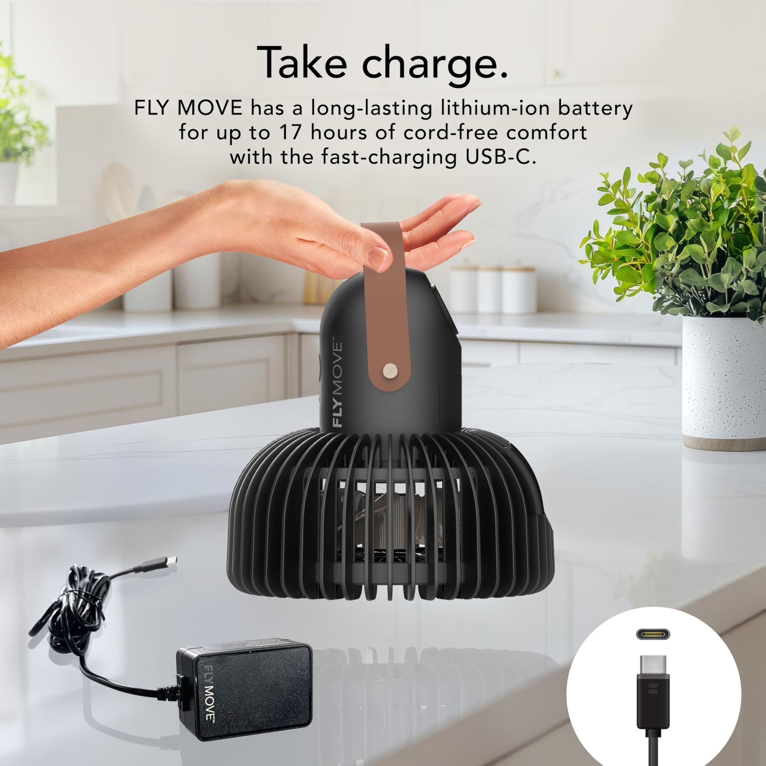 Vornado FLY MOVE Rechargeable Fan Handheld, Up to 17 Hour Battery Power Life on Low, 3 Speed Settings, Minimal Footprint, Small Portable Fan, Powerful Airflow, Travel Friendly, USB-C Charger, Black