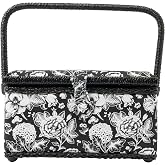 SINGER Sewing Basket, Sewing Kit with Notions, Black &amp; White Floral Print | Beginner-friendly sewing basket with bonus notions pack; plastic tray insert and collapsible handle for easy storage