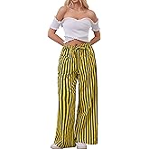 AIHUKOCY Women Drawstring Stripe Wide Leg Casual Trousers Striped Low Rise Casual Loose Lounge Pants with Pockets