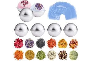BDEES 74pcs Bath Bomb Mold and Dried Flower Set, DIY Kit Includes 12pc Bath Bomb Metal Mold, 12 Packs of Natural Dried Flowers, 50 Pack Shrink Wrap Bags for Handmade Bath Bomb Making (2.36 Inch)