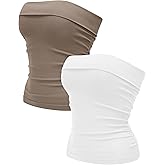 OLCHEE Womens 2PK Tube Tops Off Shoulder Seamless Ribbed Strapless Sleeveless Side Ruched Slim Fitted Summer Going Out Top