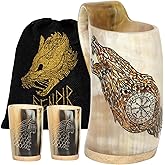 FENRIR Viking Drinking Horn Mug 16 oz – Gifts for Men, Dad, Husband – Unique Viking Gift – 100% Handmade Real Ox Horn Tankard with 2 Shot Glass – For Beer, Ale, Mead (WOLF COMPASS FINISH)
