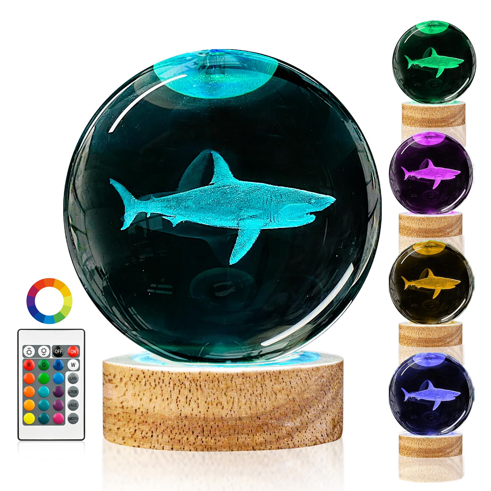 Photo 1 of 3D Shark Crystal Ball Night Light with Remote Lifelike 3.15 In Shark Sea Animal Glass Ball Lamps with 16 Color LED Wooden Base for Birthday Holiday, Cool Shark Toy Room Decor Gifts for Boys Girls Kids