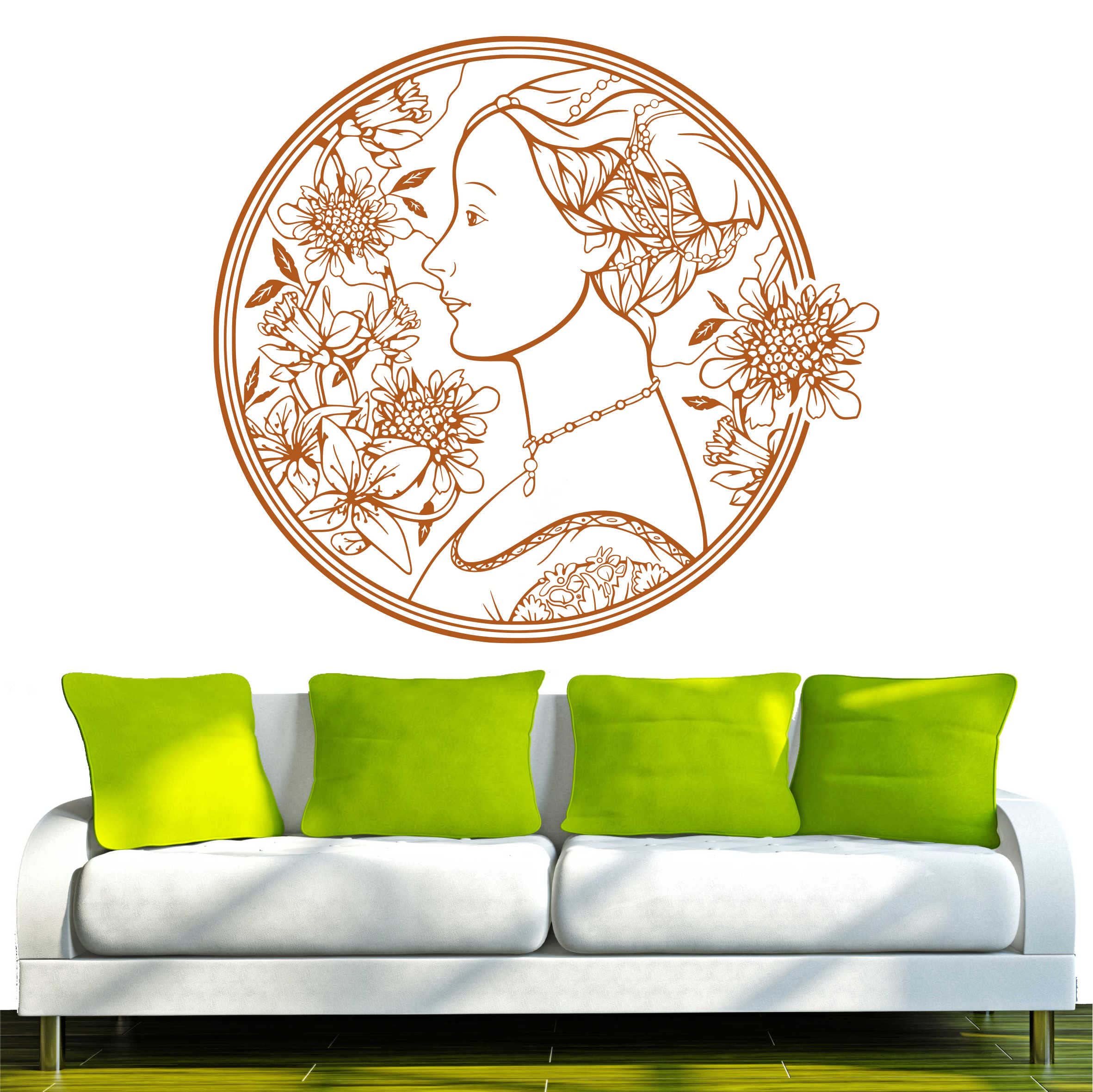 INDIGOS 4051095417095 Vinyl Wall Art Sticker – D100 Pretty Lady With Flowers Wall Sticker, Hazelnut Brown, 96 x 87 x 1 cm