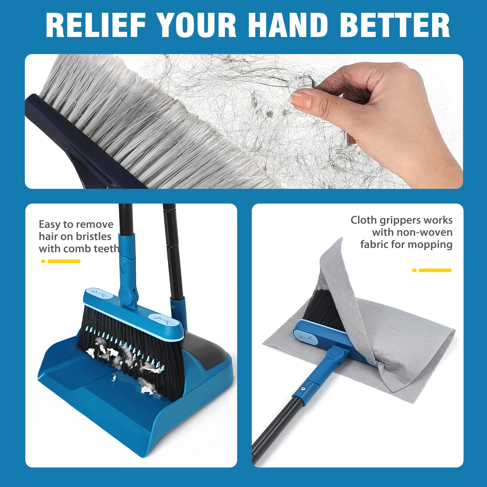 JEHONN Dustpan and Brush Set, 54 inches Long Handle Swivel Broom, Upright Foldable Dust Pan with Comb Teeth for Home Kitchen Lobby Indoor Floor Cleaning(Blue)