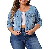 Agnes Orinda Plus Size Denim Jackets for Women Collarless Chest Pockets Button Down Crop Jean Jackets