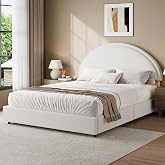REVOMINCA Full Size Bed Frame with Round Headboard, Upholstered Platform Bed Frame, Boucle Soft Bed Frame, Modern Style, No Box Spring Required, Easy Assembly, White
