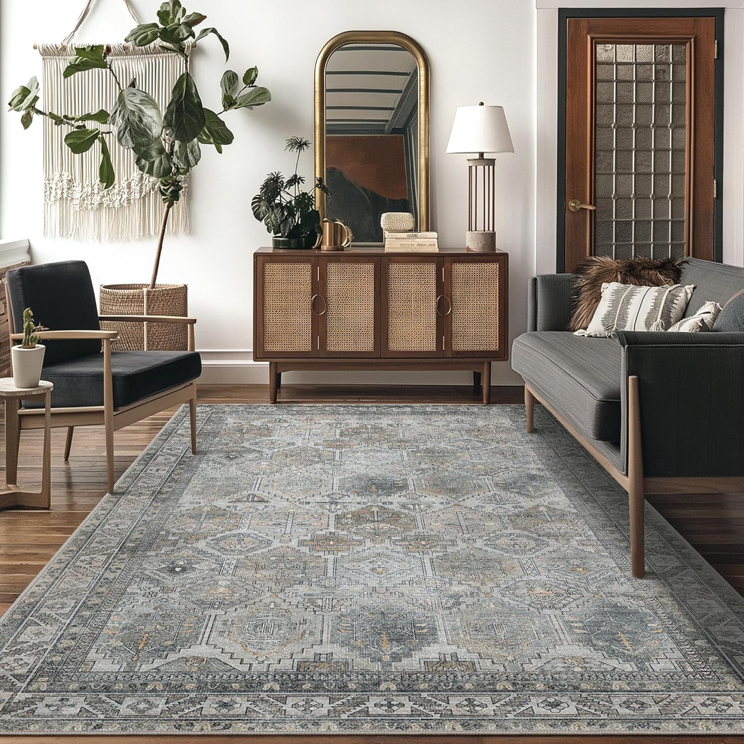 Photo 1 of Bavni Washable Rug 8x10 Area Rug for Living Room Bedroom Dining, Washable Vintage Print Carpet, Ultra-Thin Chenille Low Pile Lightweight Rug with Non Slip Backing, Retro Grey