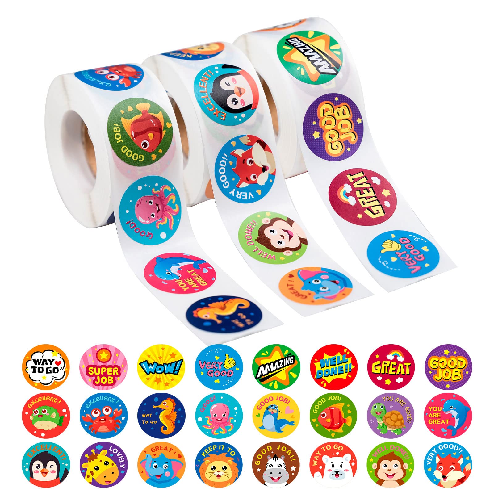 Photo 1 of 3 Rolls Motivational Stickers for Kids, 1500 Pcs Teacher Reward Stickers School Supplies Roll Sticker Potty Training Sticker for School Classroom Home, 24 Designs (3 Animal Roll)