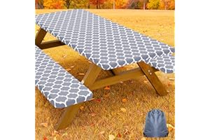 Smiry Picnic Table Cover with Bench Covers, Waterproof Elastic Fitted Tablecloth for 6 Foot Tables, Washable Polyester Tablecloths for Camping, Indoor & Outdoor (Grey, 30x72 Inch 3-pc Set)