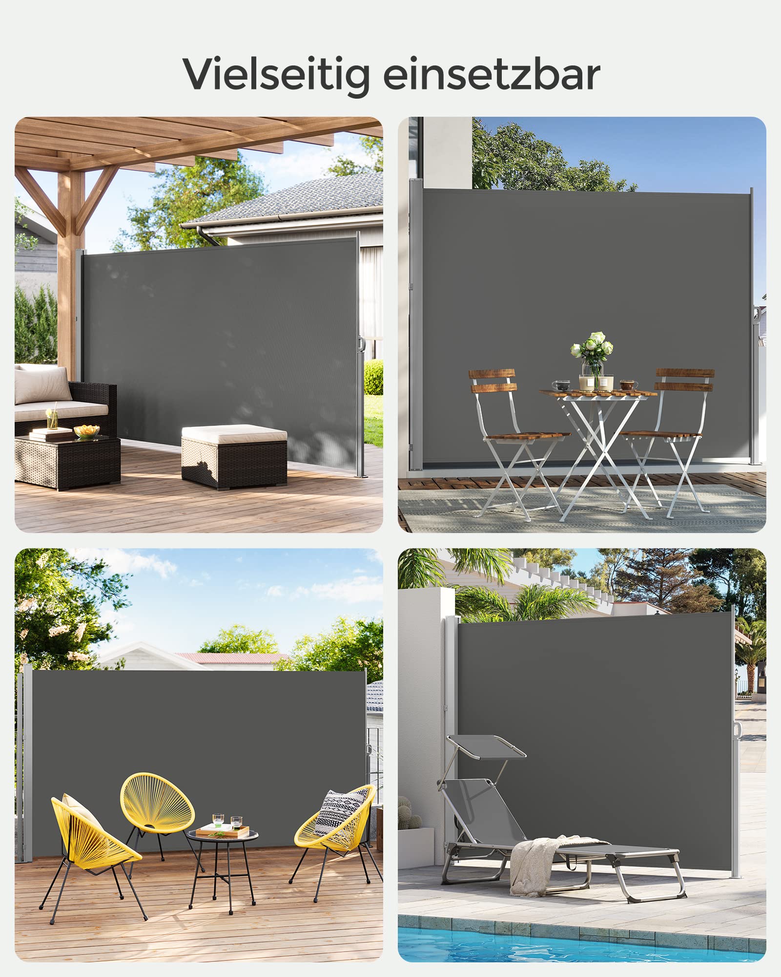 SONGMICS Seitenmarkise mit Stahl-Kasten, rostbeständig, ausziehbar, 160 x 350 cm, Windschutz, Sonnenschutz, Blickdicht, Seitenrollo, für Balkon, Terrasse, Garten, anthrazit GSA165G02 8