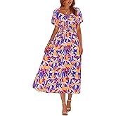 Okiwam Womens Summer Dresses 2026 Spring Floral Maxi Sundress Puff Sleeve Smocked Flowy Beach Vacation Wedding Guest Dress